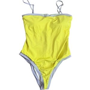 371-Yellow one piece with blue trim swimsuit and adjustable straps #swimsuit
